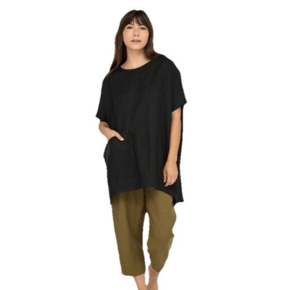 Elizabeth Suzann Harper Tunic Plus OS Black 100% Linen Lagenlook Top Comfort - Picture 1 of 7